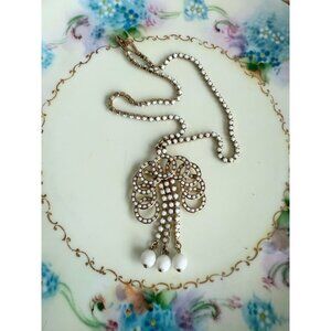 Vintage 60's Milk Glass Rhinestone Dangle Beads Necklace Pendant
